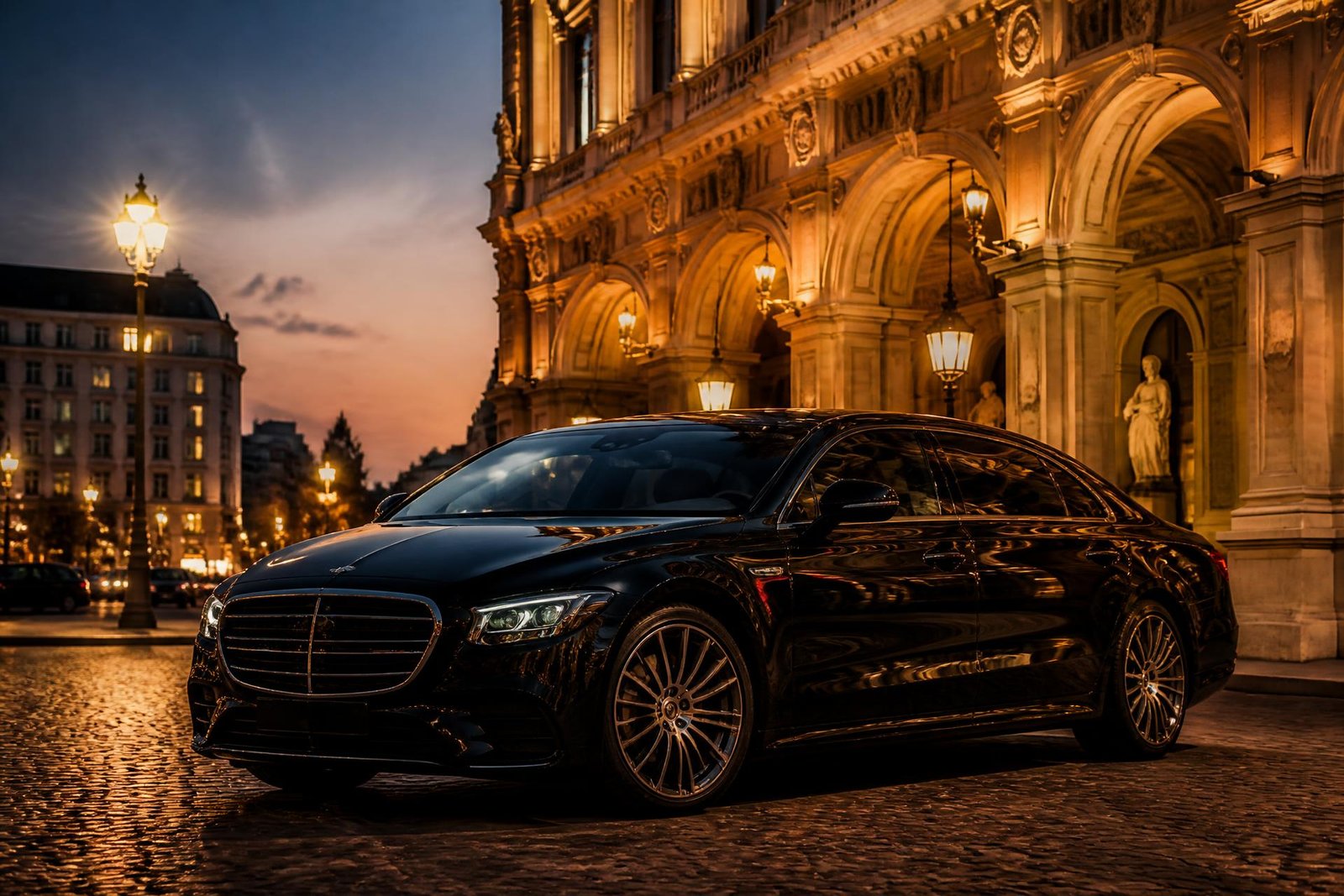 Black Mercedes-Benz S-Class chauffeur car at the Vienna State Opera at dusk